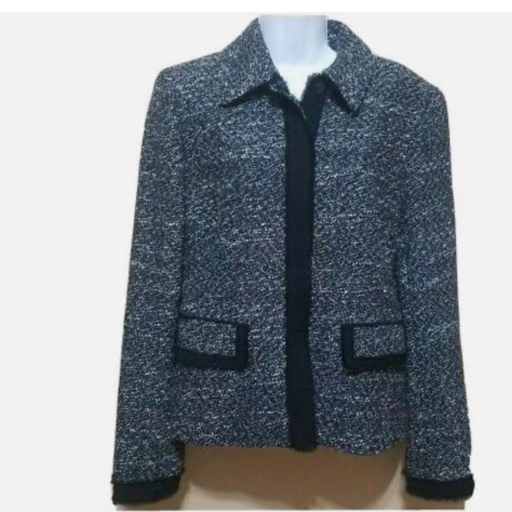 Lafayette 148 Black/WhiteTweed Wool blend Fringed Jacket Sz 2